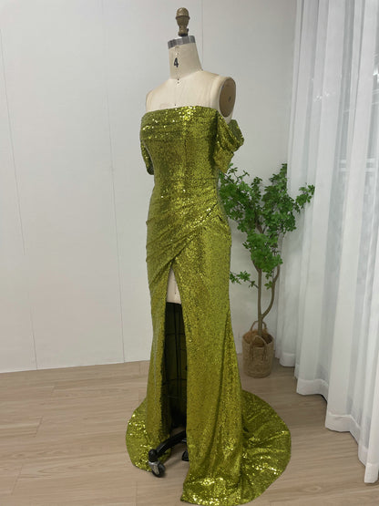 Olive Green Sequin Off-The-Shoulder Prom Gown with High Slit MY30052