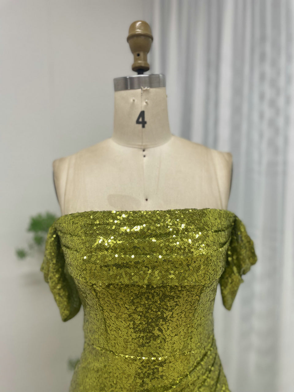 Olive Green Sequin Off-The-Shoulder Prom Gown with High Slit MY30052