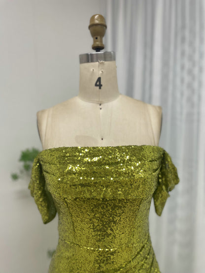 Olive Green Sequin Off-The-Shoulder Prom Gown with High Slit MY30052