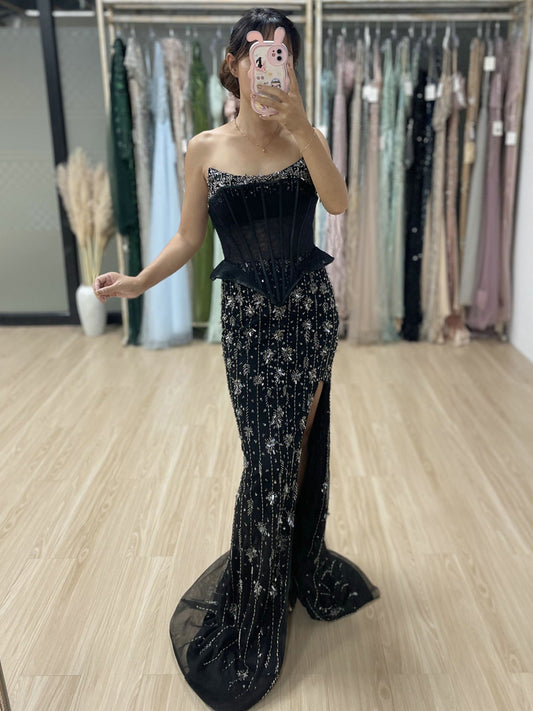Sexy Black Corset Prom Dress High Slit Beaded Mermaid Evening Gown MY30053