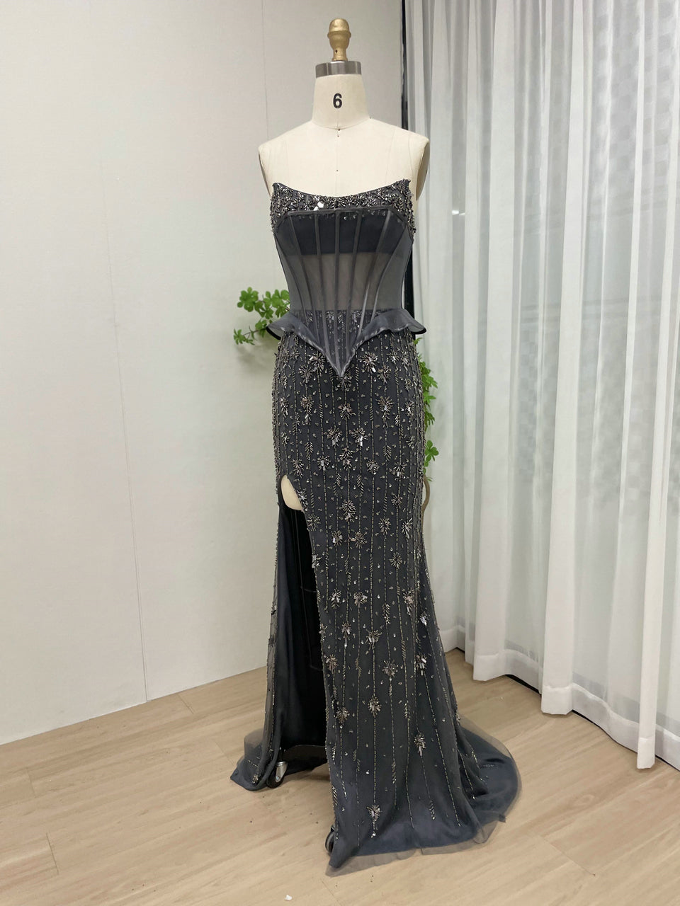 Charcoal Black Beaded Corset Evening Gown - Sheer Boned Bodice & High Slit MY30053