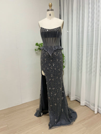 Charcoal Black Beaded Corset Evening Gown - Sheer Boned Bodice & High Slit MY30053