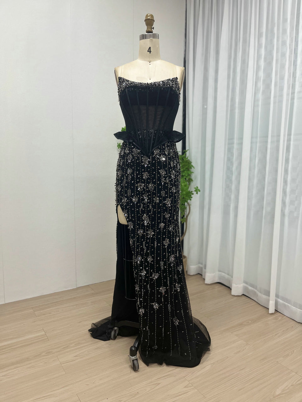 Charcoal Black Beaded Corset Evening Gown - Sheer Boned Bodice & High Slit MY30053