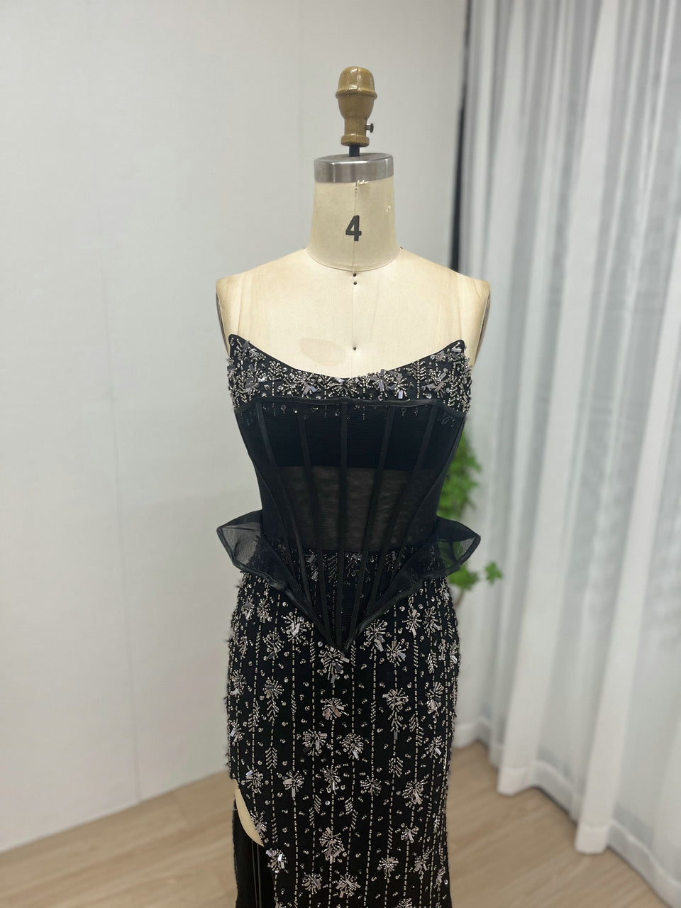 Charcoal Black Beaded Corset Evening Gown - Sheer Boned Bodice & High Slit MY30053