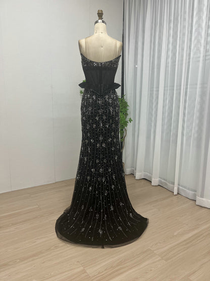 Charcoal Black Beaded Corset Evening Gown - Sheer Boned Bodice & High Slit MY30053