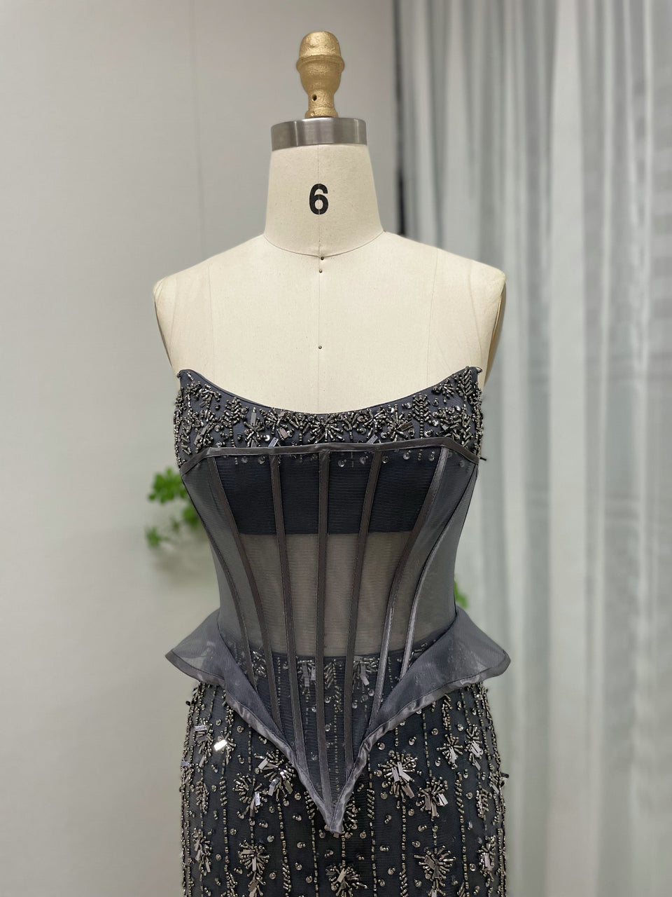 Charcoal Black Beaded Corset Evening Gown - Sheer Boned Bodice & High Slit MY30053