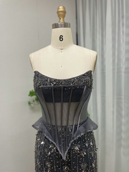 Charcoal Black Beaded Corset Evening Gown - Sheer Boned Bodice & High Slit MY30053