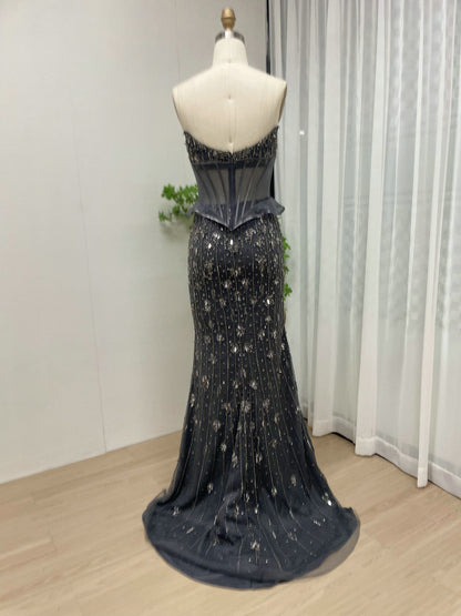 Charcoal Black Beaded Corset Evening Gown - Sheer Boned Bodice & High Slit MY30053