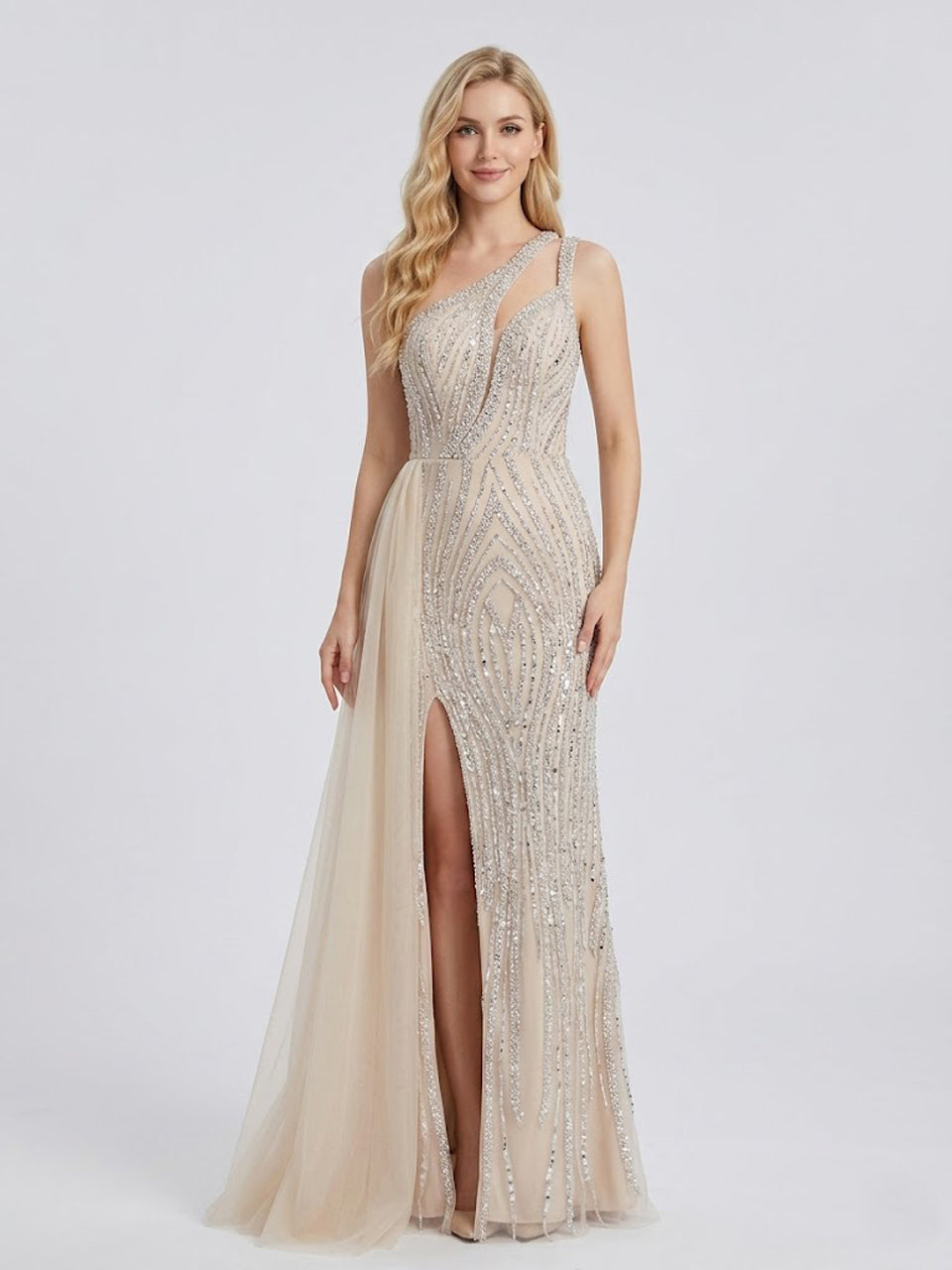 One-Shoulder Beaded White Evening Gown with High Slit & Tulle Train MY30056