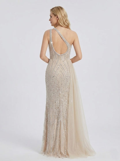 One-Shoulder Beaded White Evening Gown with High Slit & Tulle Train MY30056