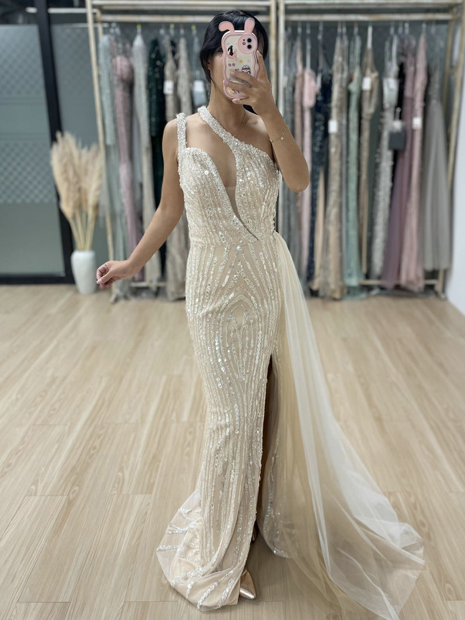 One-Shoulder Beaded White Evening Gown with High Slit & Tulle Train MY30056