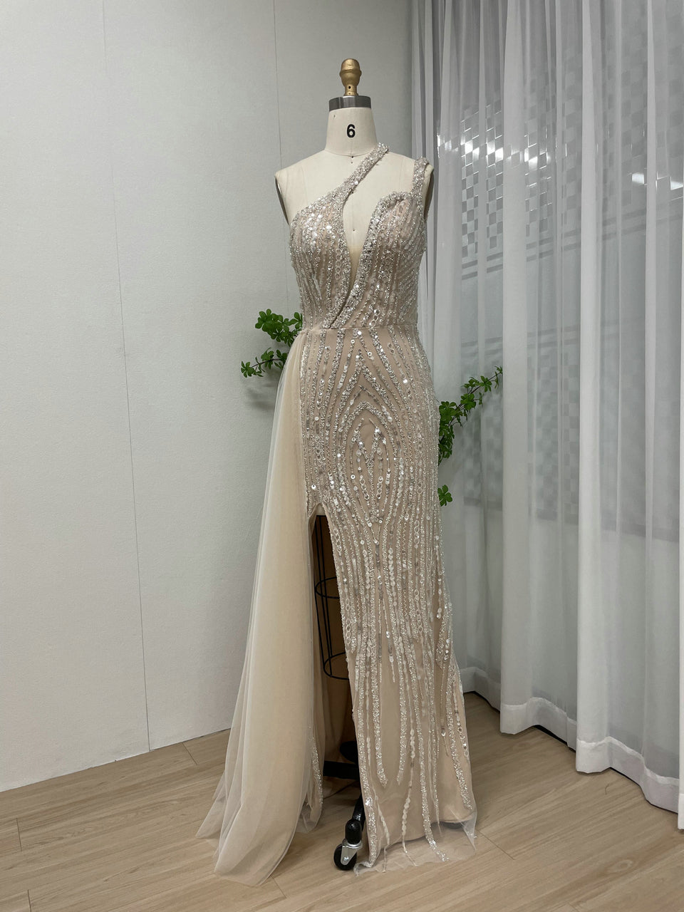 One-Shoulder Beaded White Evening Gown with High Slit & Tulle Train MY30056
