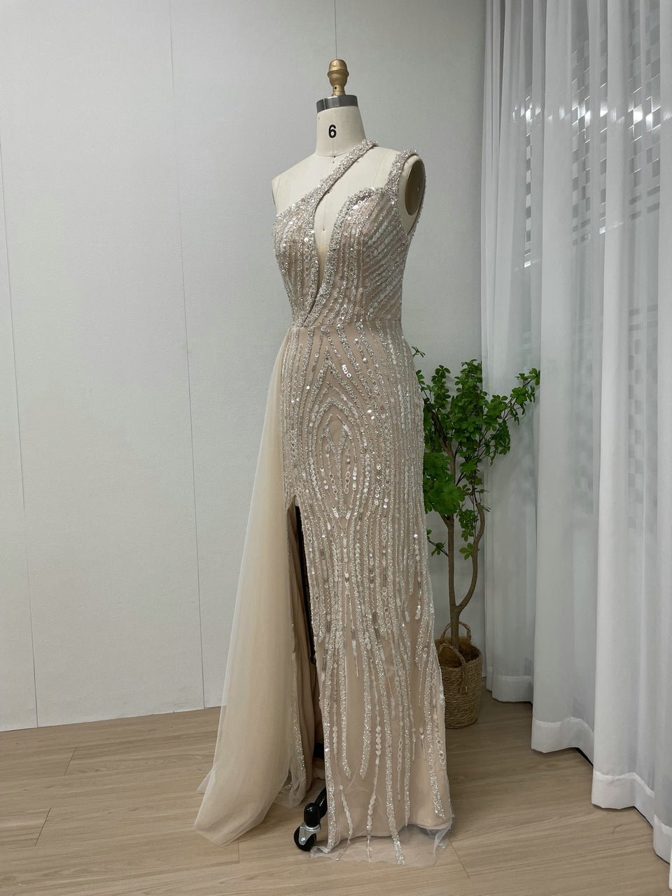 One-Shoulder Beaded White Evening Gown with High Slit & Tulle Train MY30056