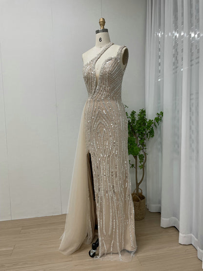 One-Shoulder Beaded White Evening Gown with High Slit & Tulle Train MY30056