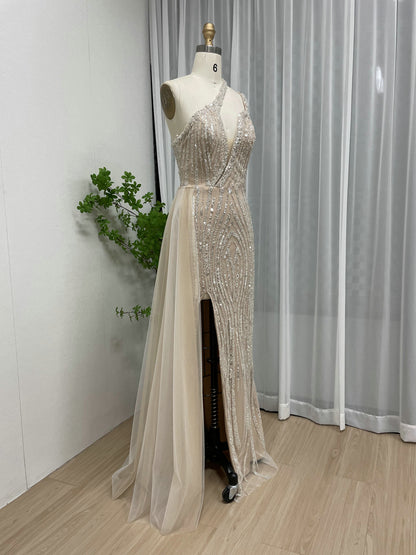 One-Shoulder Beaded White Evening Gown with High Slit & Tulle Train MY30056