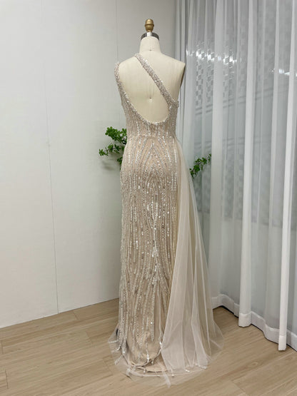 One-Shoulder Beaded White Evening Gown with High Slit & Tulle Train MY30056