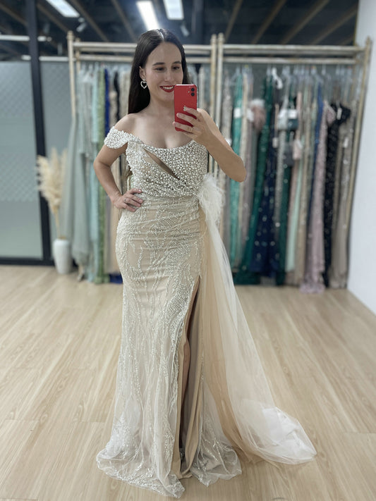 White Feather Detail Side Slit Strapless Formal Pageant Gown MY30057