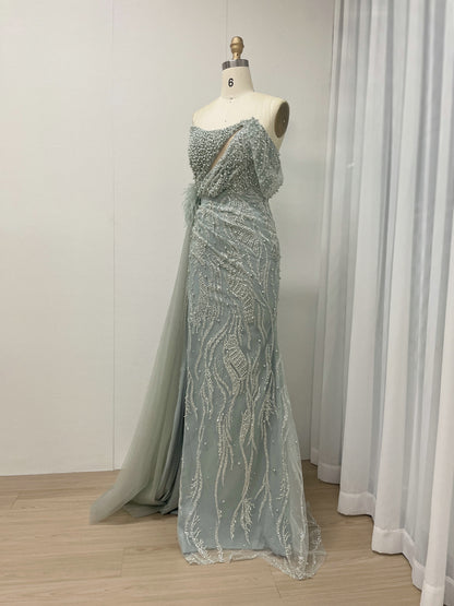 White Feather Detail Side Slit Strapless Formal Pageant Gown MY30057
