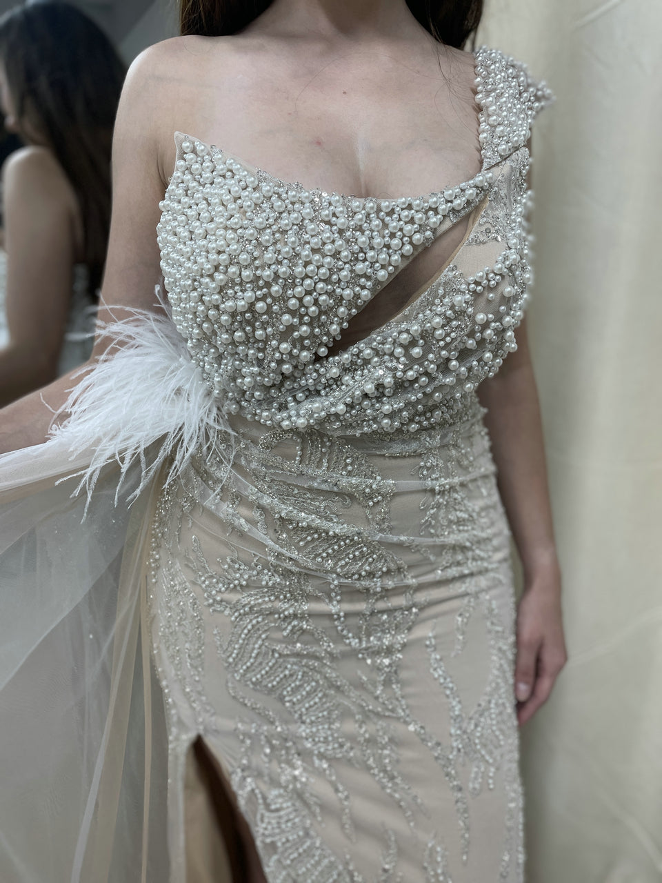 White Feather Detail Side Slit Strapless Formal Pageant Gown MY30057
