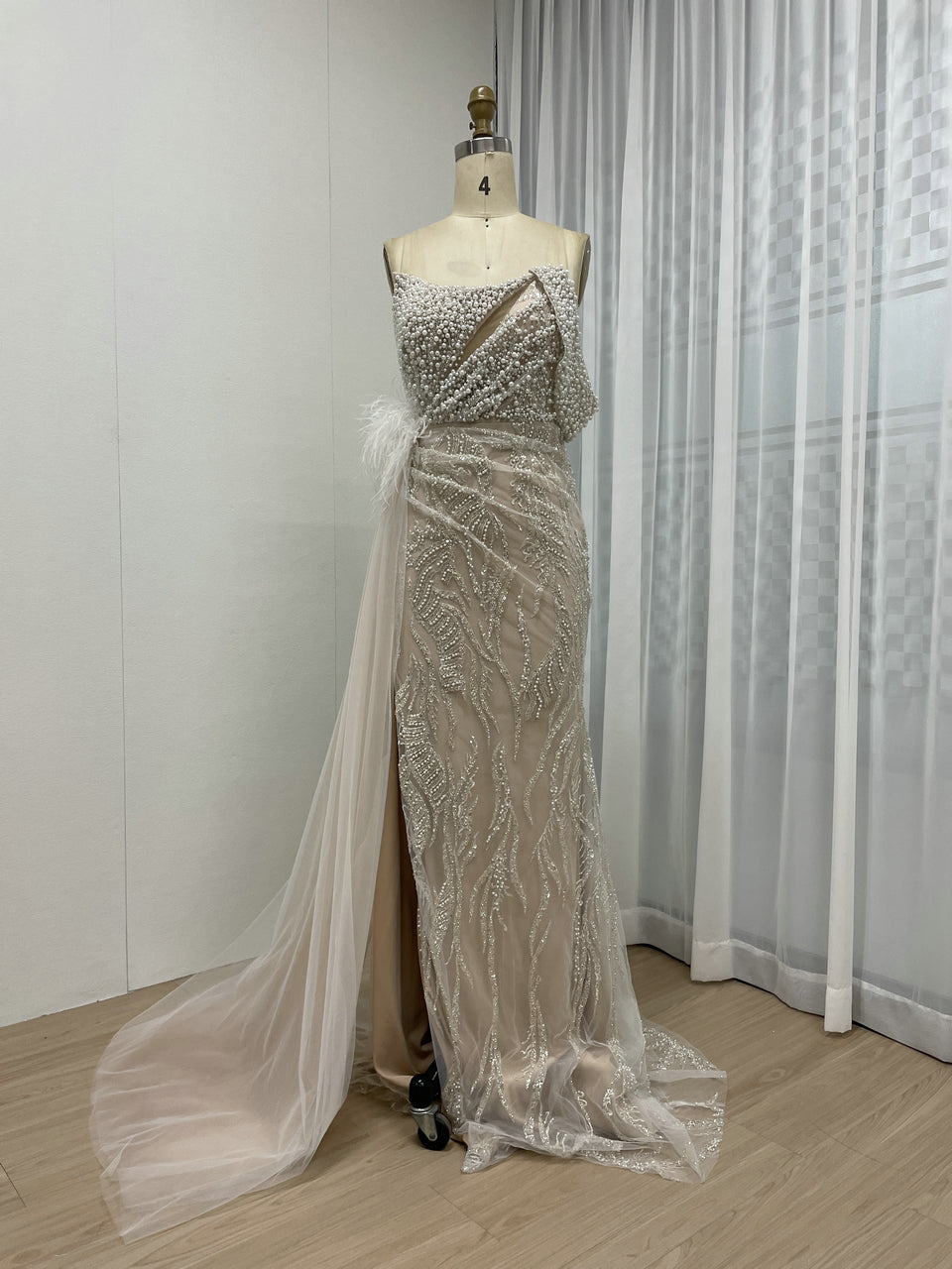 White Feather Detail Side Slit Strapless Formal Pageant Gown MY30057