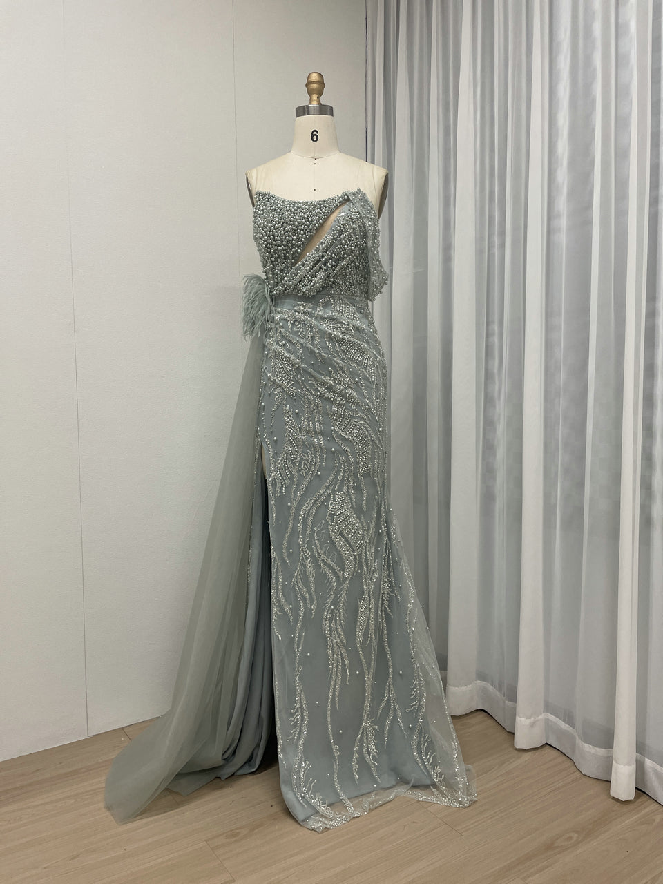 White Feather Detail Side Slit Strapless Formal Pageant Gown MY30057