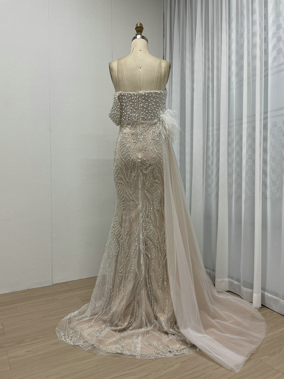White Feather Detail Side Slit Strapless Formal Pageant Gown MY30057