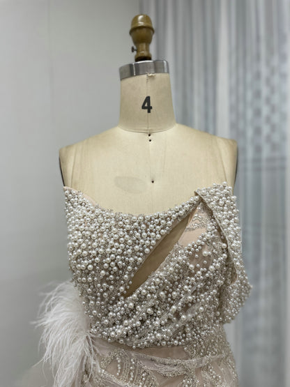 White Feather Detail Side Slit Strapless Formal Pageant Gown MY30057
