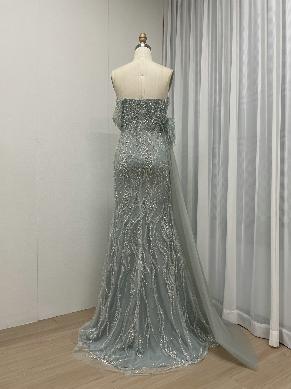White Feather Detail Side Slit Strapless Formal Pageant Gown MY30057