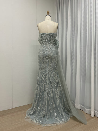 White Feather Detail Side Slit Strapless Formal Pageant Gown MY30057