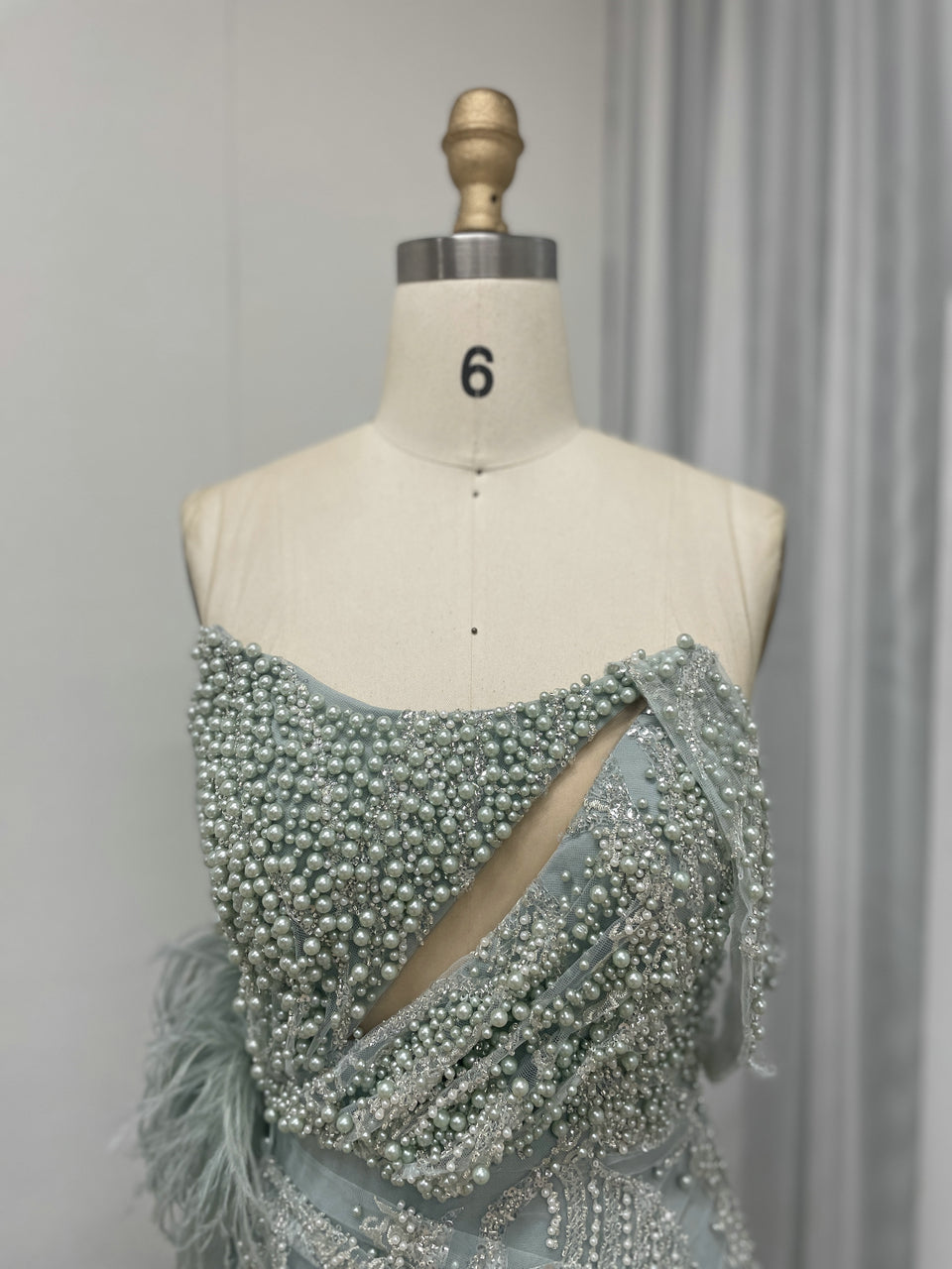 White Feather Detail Side Slit Strapless Formal Pageant Gown MY30057