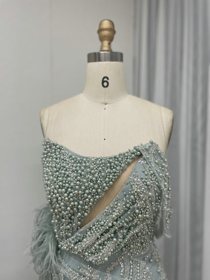 White Feather Detail Side Slit Strapless Formal Pageant Gown MY30057