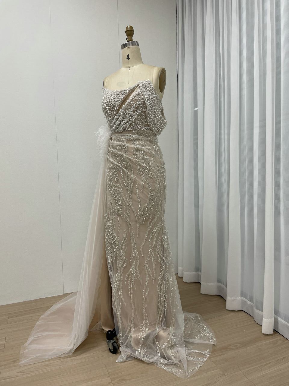White Feather Detail Side Slit Strapless Formal Pageant Gown MY30057