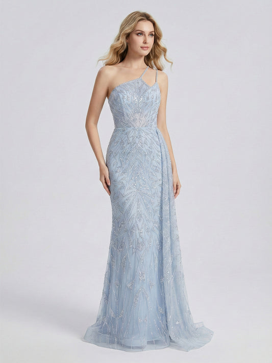 Beaed Asymmetrical One-Shoulder Formal Gown in Blue | Periwinkle Prom & Gala Dress MY30060