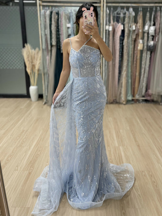 Formal Light Blue Evening Gown Sparkle Formal Dress with Tulle Train MY30060