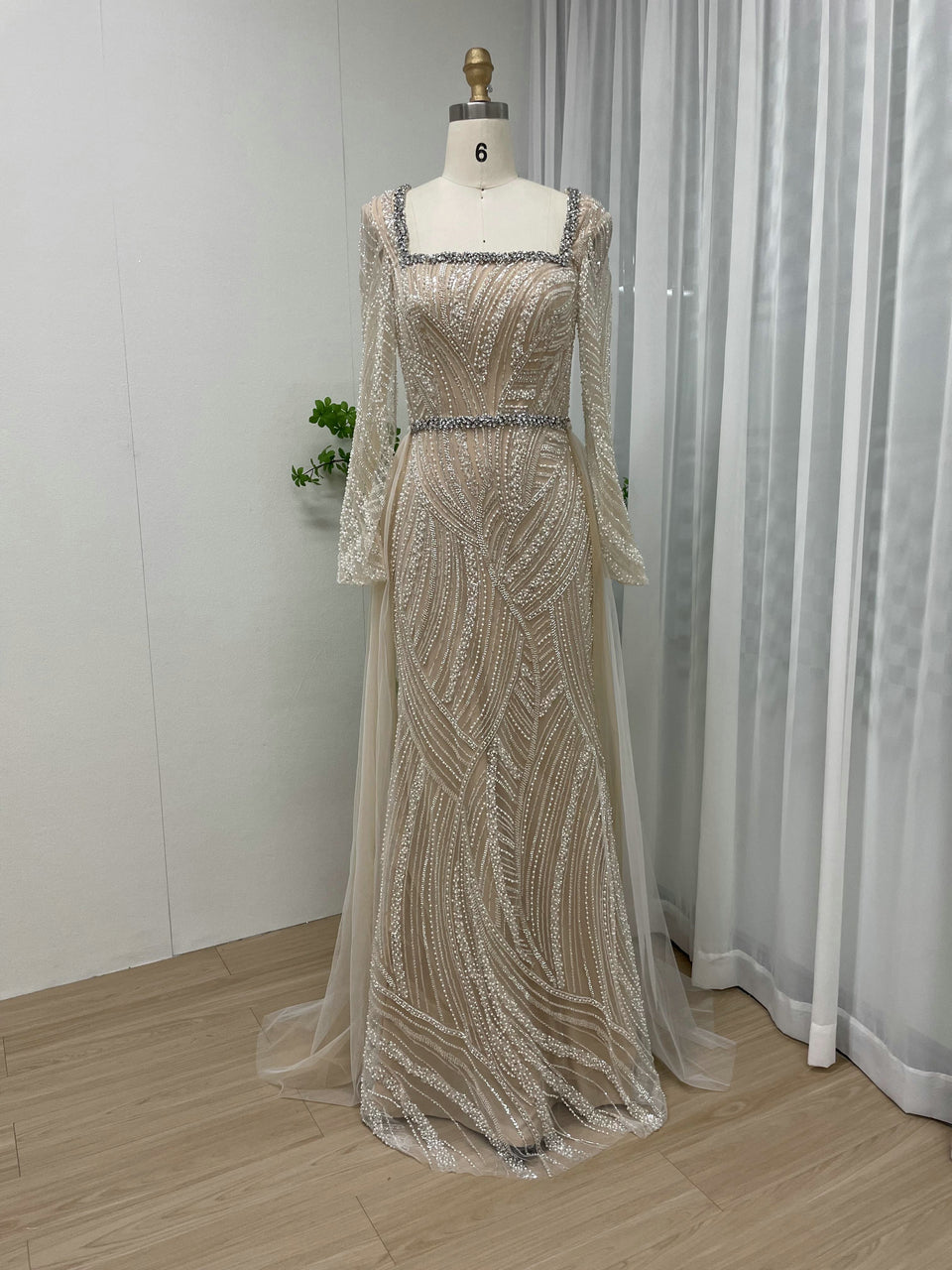 Elegant Gold Long Sleeve Beaded Mermaid Dress Square Neck Evening Gown MY30063