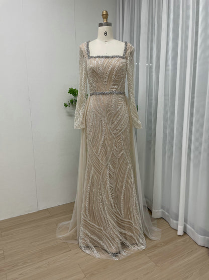 Elegant Gold Long Sleeve Beaded Mermaid Dress Square Neck Evening Gown MY30063