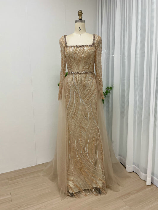 Elegant Gold Long Sleeve Beaded Mermaid Dress Square Neck Evening Gown MY30063