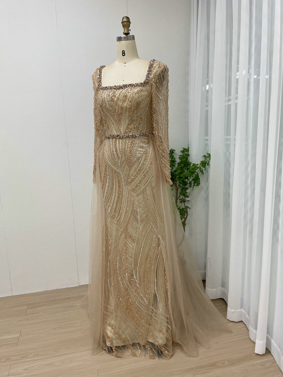 Elegant Gold Long Sleeve Beaded Mermaid Dress Square Neck Evening Gown MY30063