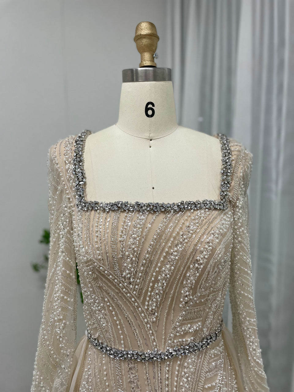 Elegant Gold Long Sleeve Beaded Mermaid Dress Square Neck Evening Gown MY30063