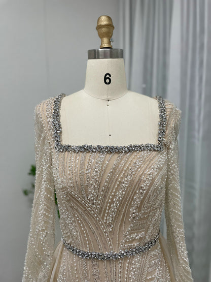 Elegant Gold Long Sleeve Beaded Mermaid Dress Square Neck Evening Gown MY30063