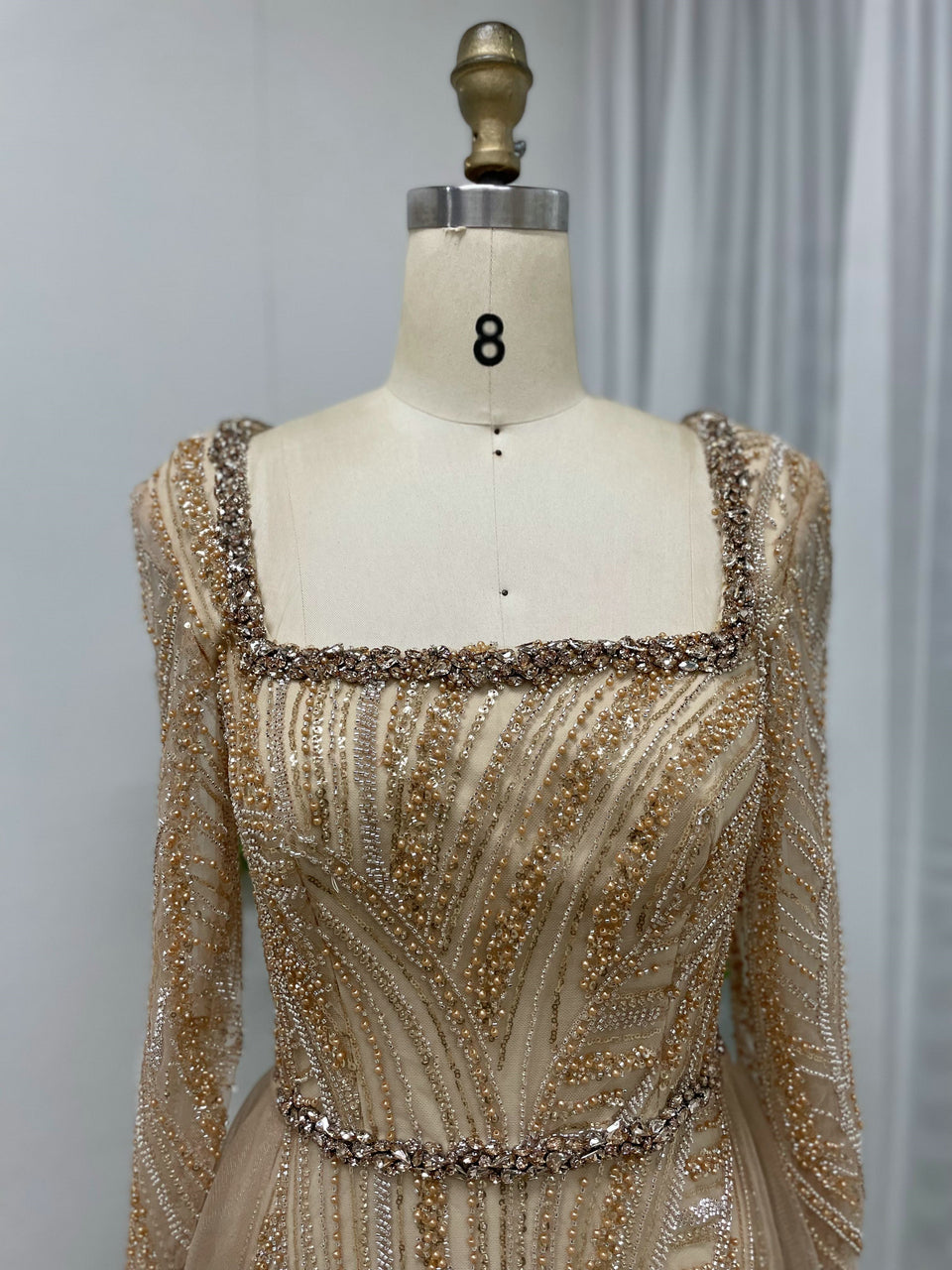 Elegant Gold Long Sleeve Beaded Mermaid Dress Square Neck Evening Gown MY30063