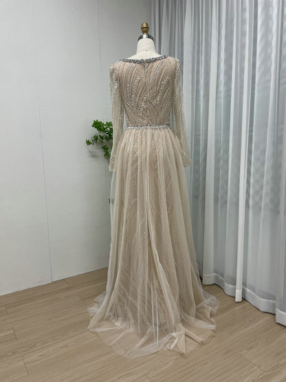 Elegant Gold Long Sleeve Beaded Mermaid Dress Square Neck Evening Gown MY30063
