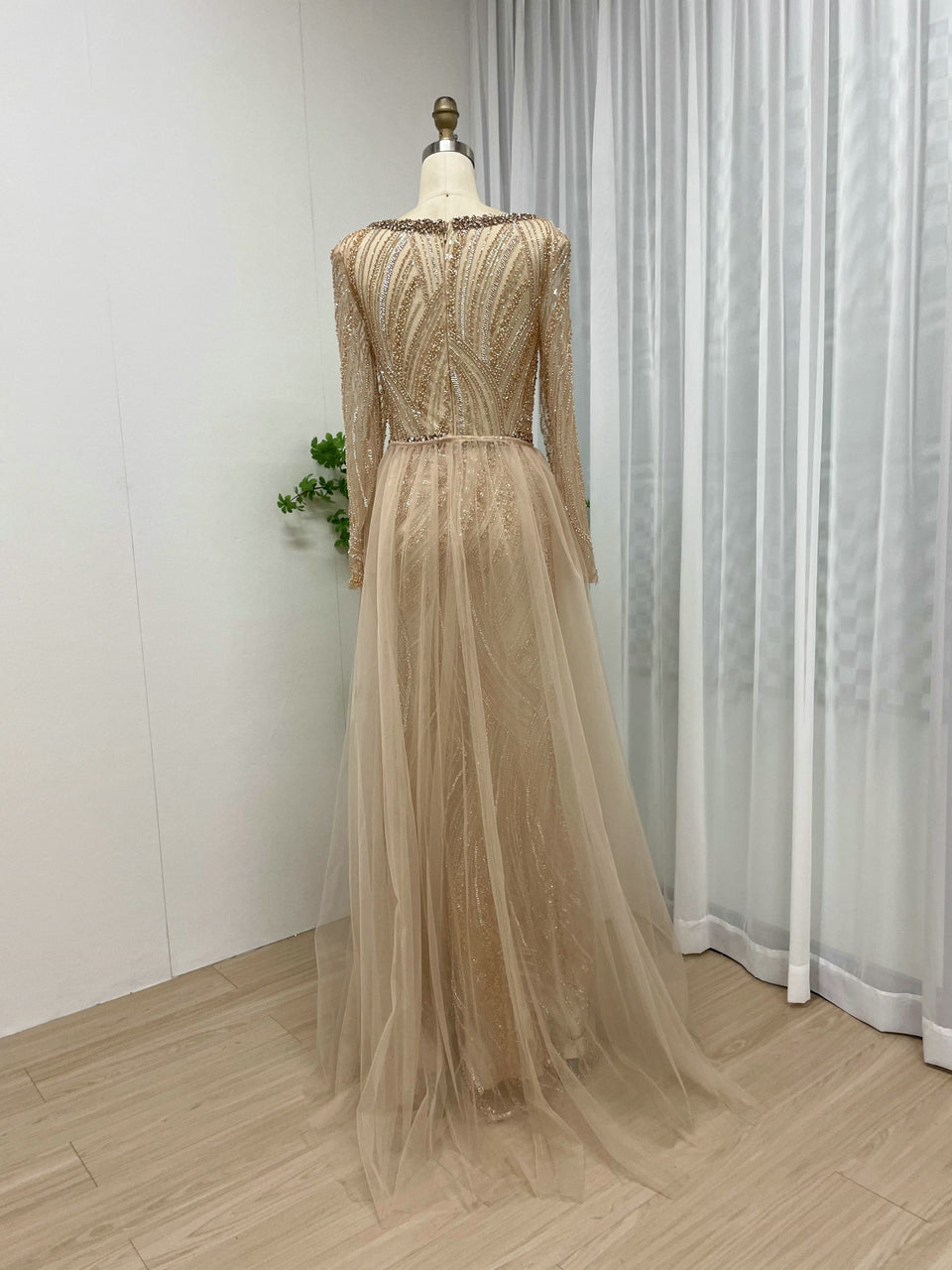 Elegant Gold Long Sleeve Beaded Mermaid Dress Square Neck Evening Gown MY30063