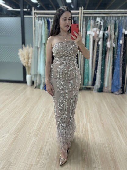 Unique Beaded Pink Off Shoulder Evening Dress Detachable Cape Sleeves MY30065