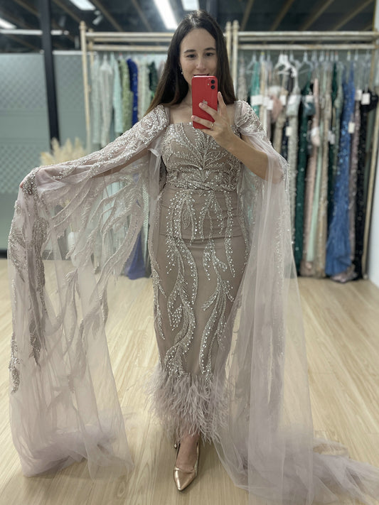 Unique Beaded Pink Off Shoulder Evening Dress Detachable Cape Sleeves MY30065