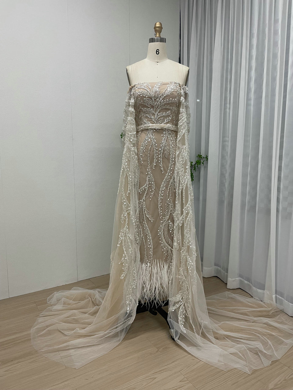 Unique Beaded Pink Off Shoulder Evening Dress Detachable Cape Sleeves MY30065