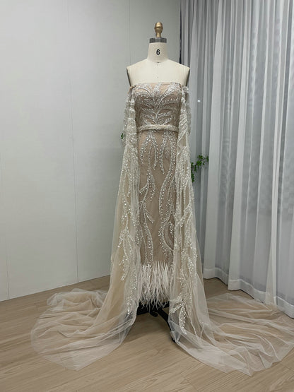 Unique Beaded Pink Off Shoulder Evening Dress Detachable Cape Sleeves MY30065