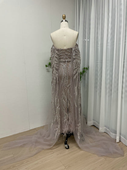 Unique Beaded Pink Off Shoulder Evening Dress Detachable Cape Sleeves MY30065