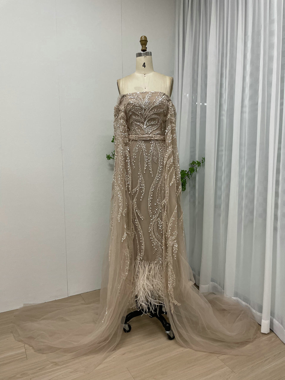 Unique Beaded Pink Off Shoulder Evening Dress Detachable Cape Sleeves MY30065