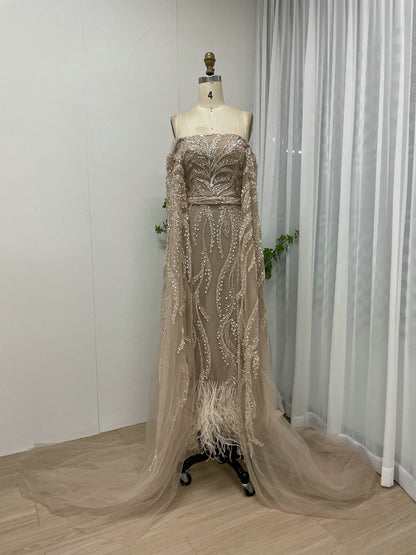 Unique Beaded Pink Off Shoulder Evening Dress Detachable Cape Sleeves MY30065